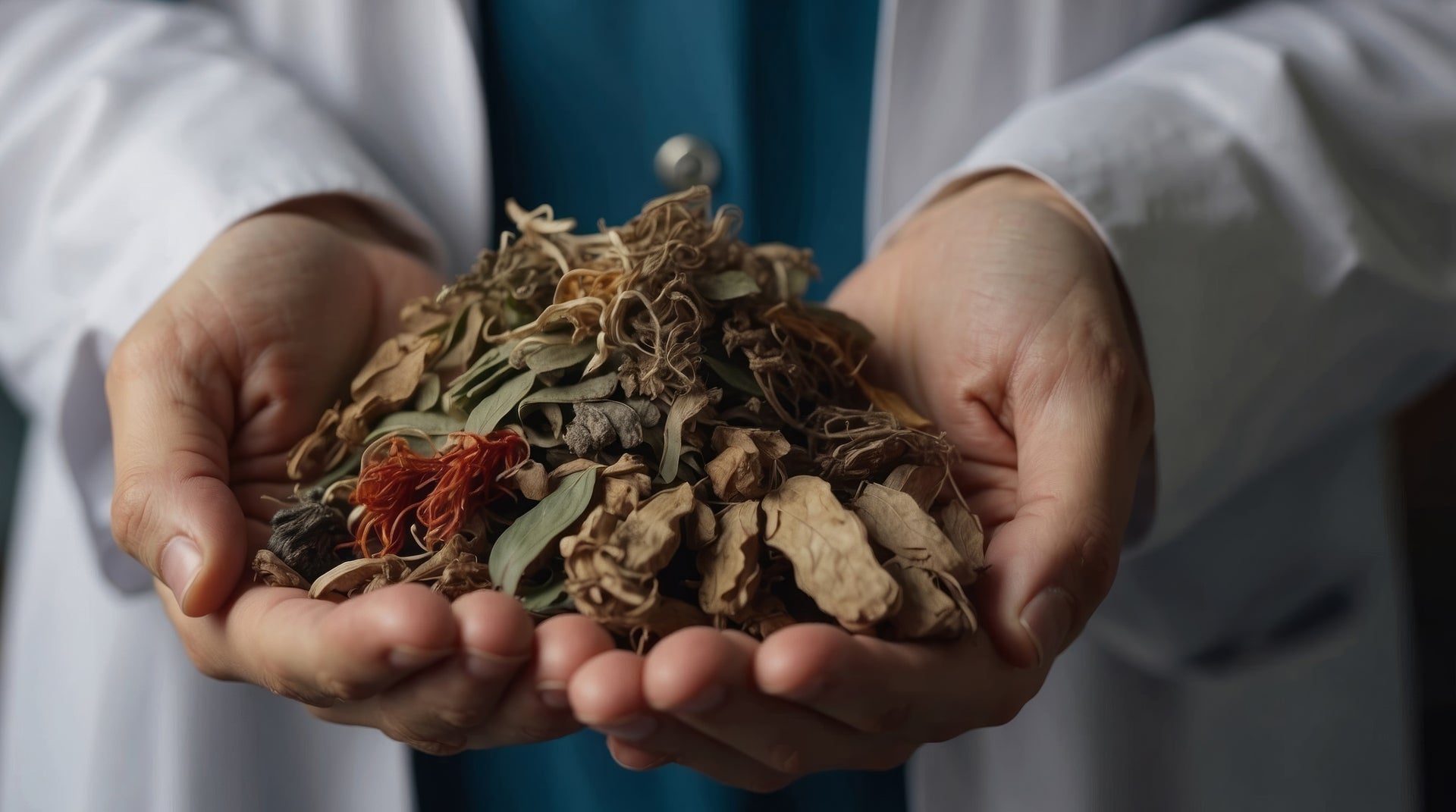 Dried herbs in the hands of a traditional Chinese Medicine professional