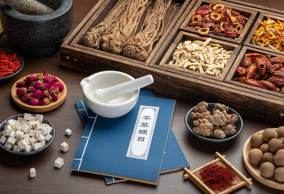 Various sets of herbs and ingredients for health supplements